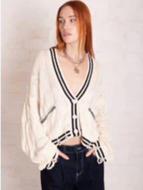 The Ragged Priest Cream V-Neck Cardigan with Black Trim